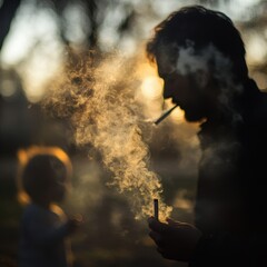 Thoughtful Moment with Smoke and Child in Soft Golden Light