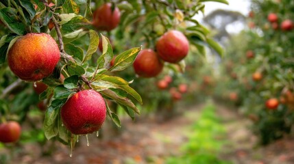 Obraz premium Red apples hanging from branches in orchard
