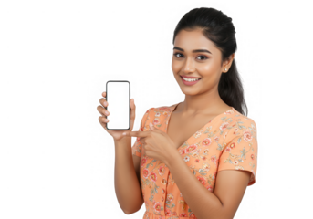 Woman holding a smartphone with a blank screen, isolated on transparent background
