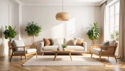 Fototapeta premium Cozy and inviting living room with white sofa, two chairs, and warm natural light creating a serene atmosphere