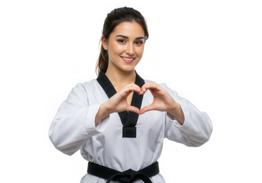 Smiling taekwondo athlete making a heart shape with hands, isolated on transparent background