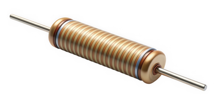 A detailed close-up of a cylindrical inductor with a metallic finish and multiple windings, showcasing its intricate design and structure against a clean, white background.