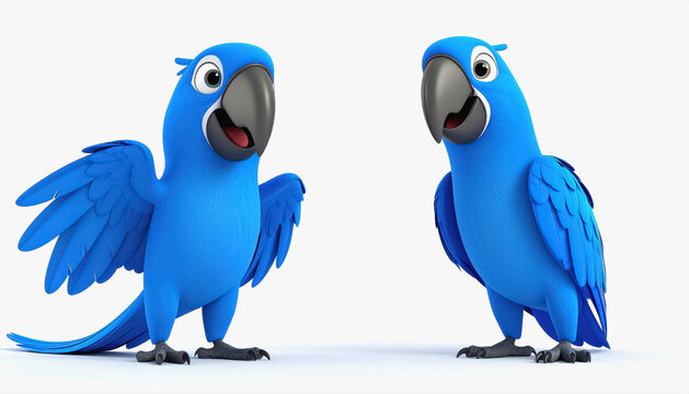 Charming 3d full body blue macaw parrot isolated against white background with ample copy space for text