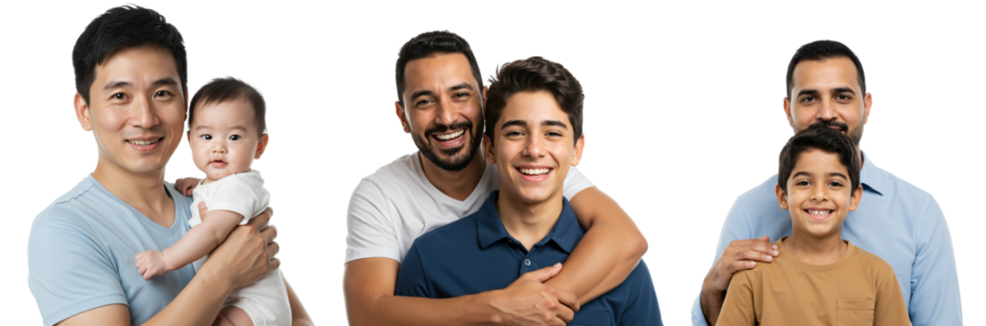 Diverse Family Portrait of Fathers and Sons with Infants, Teenagers, and Children