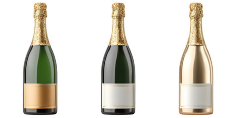 Three elegant champagne bottles with golden foil tops stand against a transparent background, ideal for celebratory occasions and luxury branding, silhouette