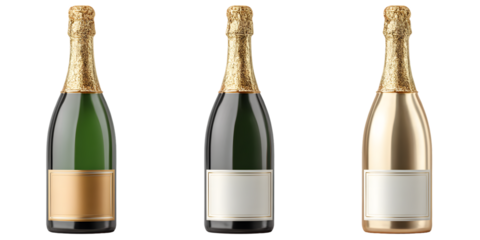 Three elegant champagne bottles with golden foil tops stand against a transparent background, ideal for celebratory occasions and luxury branding, silhouette