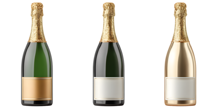 Three elegant champagne bottles with golden foil tops stand against a transparent background, ideal for celebratory occasions and luxury branding, silhouette