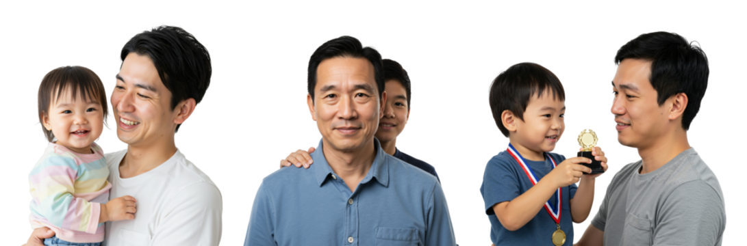 Family Portrait of Multigenerational Asian Men with Children in a Studio Setting