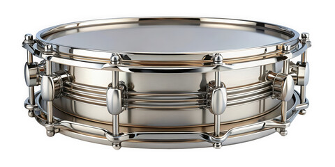 A close-up view of a gleaming, metallic snare drum showcasing its polished surface and intricate hardware, perfect for music enthusiasts and drummers.