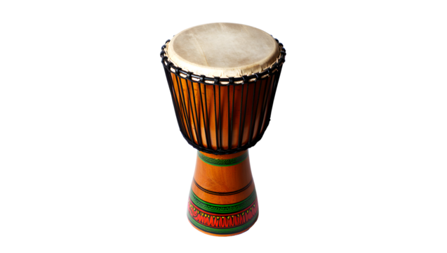 Traditional African djembe drum with natural hide head and painted base isolated on a transparent background