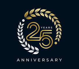 25 Years Anniversary with laurel wreath design vector illustration. Unique 25 years logo design template. In gold color © fajarcome