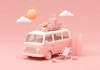 Fototapeta premium Cute Pink Camper Van Ready for a Summer Adventure. Generative Ai