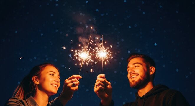 Young couple celebrating with sparklers under a starry night sky