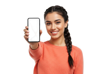 Smiling woman with braid holding a smartphone with a blank screen, isolated on transparent background