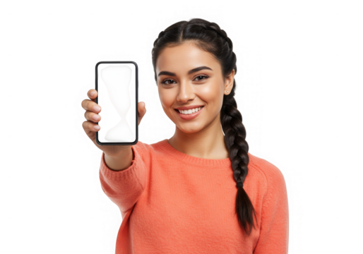 Smiling woman with braid holding a smartphone with a blank screen, isolated on transparent background