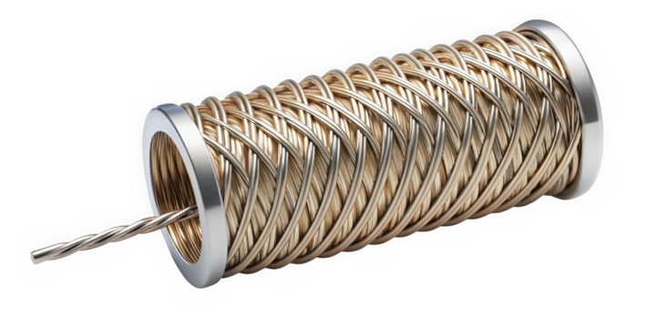 A close-up view of a metallic coiled wire with sleek, shiny gold finish. The cylindrical shape features a twisted design, emphasizing modern craftsmanship and precision.