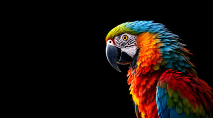 Vibrant Macaw Parrot Portrait with Detailed Feathers on a Black Background