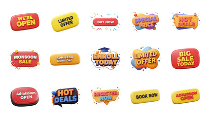 3D illustration shopping marketing Signs callouts, Promotional Sale Banner tag label cta button design png callout button buy now, sale, enroll now, limited offer, join, admission open, register now