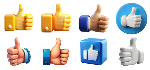 Set of thumbs up png 3d illustration transparent background, social media reaction png, like button, like icon