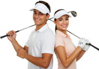 A smiling couple holds golf clubs, isolated on transparent background
