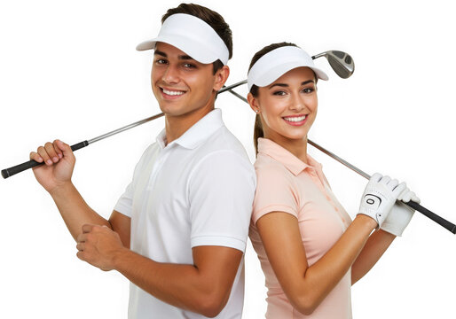 A smiling couple holds golf clubs, isolated on transparent background