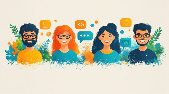 Flat illustration of friendly customer service team, smiling employees with phone and chat icons in soft colors, simple and friendly design, modern business communication and support concept.