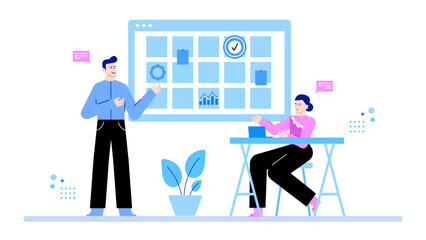Two coworkers discussing project timeline on screen; suitable for business presentations, team meetings, project management concepts, and corporate communications.