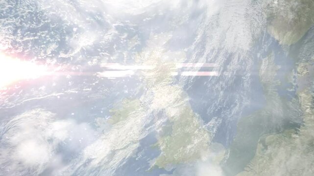 Earth zoom in from space and focus on Renfrew, Scotland, Renfrewshire, Great Britain. Background for travel intro or blog. Satellite view. 3D style Animation. Images from NASA.
