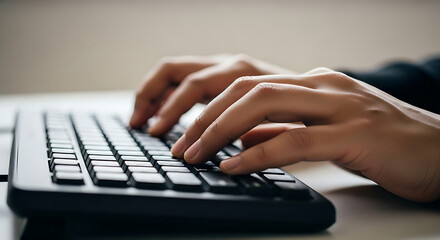 Hands working on a computer keyboard, close-up, focus on typing.