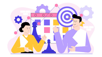 Two individuals strategically arranging chess pieces for a game plan. Ideal for business strategies and teamwork concept themes.