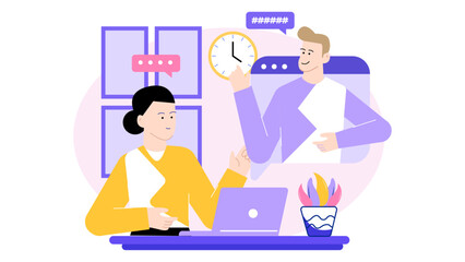 The illustration showcases a video conference on time management with a laptop. Perfect for websites or presentations focusing on productivity.