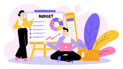 Budget presentation with two people and coins, suitable for financial presentations, budgeting seminars, investment reports, and business strategy meetings.