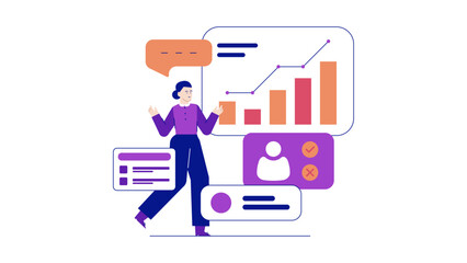 Woman presenting data graphs and user feedback, suitable for business presentations, marketing reports, and company strategy discussions.