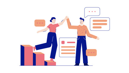 Two people high five on a bar graph, showcasing teamwork success. Suitable for teamwork, success, business, achievements, growth, and collaboration concepts.