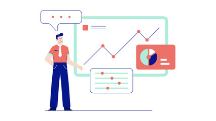 Businessman presenting data graphs and charts suitable for presentations, financial reports, business meetings, analytics concepts, and market research.