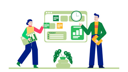 Two people, technology, digital daily planner, organization, productivity, review, modern work environment, teamwork, collaboration, office, workplace, efficiency.