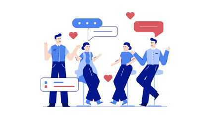 Four people engage in happy conversations with speech bubbles. Suitable for ads, social media posts, presentations, or educational materials.