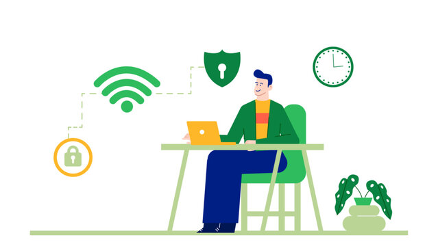 Man working securely online. Suitable for cybersecurity, remote work, data protection, and internet safety concepts. Technology and security related designs.