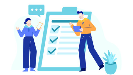 Two people reviewing checklist on tablets near a plant. Suitable for business, technology, collaboration, teamwork, office, and productivity concepts.