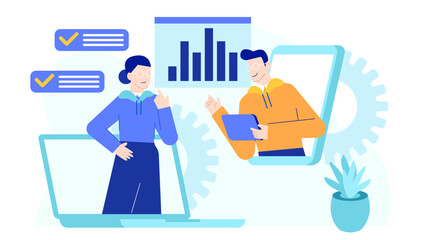 Two people analyzing data on laptops, perfect for business presentations, data analysis articles, technology blogs, and financial reports.