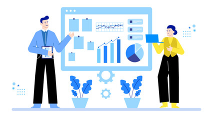 Two people displaying data on screen; suitable for presentations, business reports, technology concepts, teamwork, analytics, and statistical analysis themes.