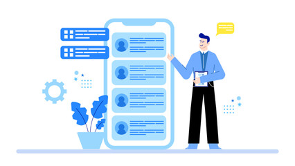 Man showcasing a mobile app profile data screen; suitable for technology, application, data analysis, mobile development concepts.