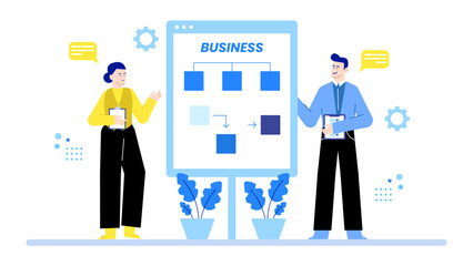 Fototapeta premium Colleagues illustrating a business flowchart plan suitable for presentations, teamwork, strategy discussions, office collaboration, project management concepts.