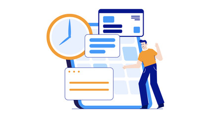 Man engaging with digital calendar and forms, suitable for business presentations, organizational concepts, technology articles, and digital task management content.