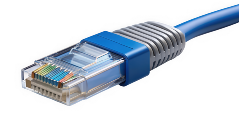 Close-up of a blue Ethernet cable connector, highlighting its intricate wiring and design. Ideal for technology, networking, or digital connectivity themes.