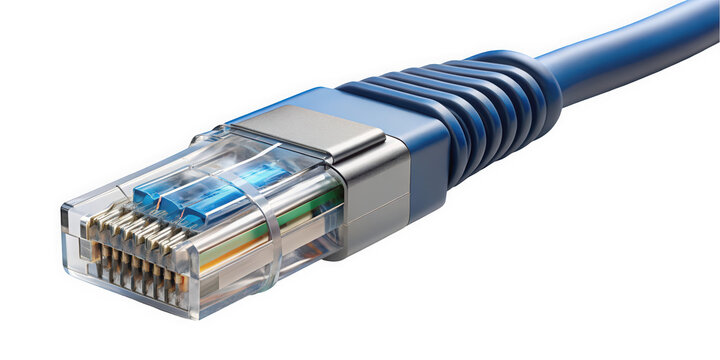 Close-up image of a blue Ethernet cable connector, showcasing its detailed pins and transparent casing, symbolizing connectivity and technology.