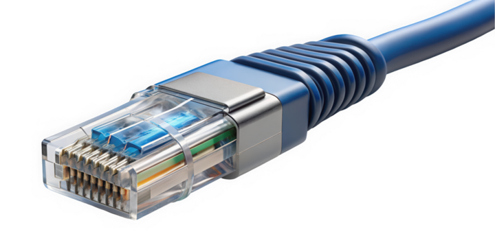 Close-up image of a blue Ethernet cable connector, showcasing its detailed pins and transparent casing, symbolizing connectivity and technology.