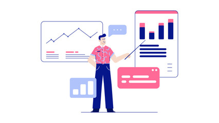 Man presenting data charts and graphs, suitable for business presentations, financial reports, market analysis, and corporate meetings.