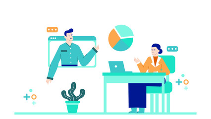 Woman video conferences with man, pie chart nearby. Suitable for business presentations, virtual meetings, online seminars, marketing materials.