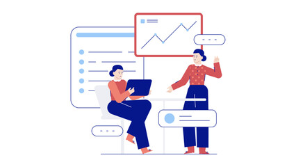 Two women review a graph together, working collaboratively on a project. Suitable for illustrating teamwork, analytics, business partnerships, and planning.